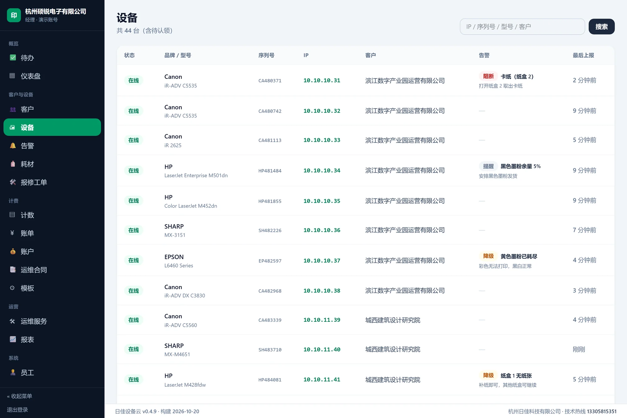 设备列表：状态、品牌型号、序列号、IP、所属客户、未处理告警与最后上报时间