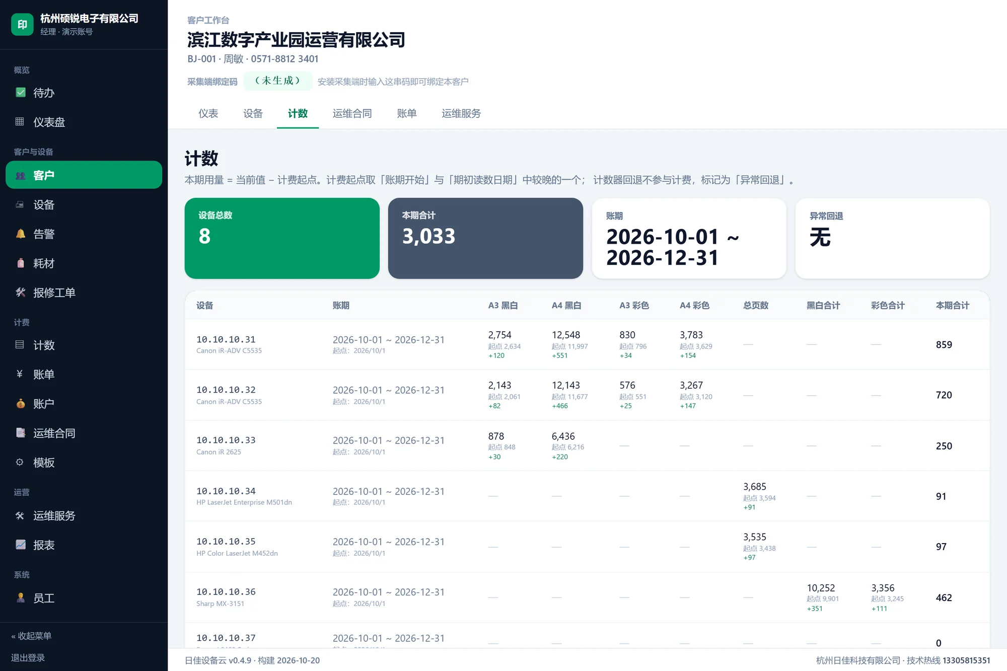 计数明细：每台设备的 A3/A4 黑白彩色四分类计数、账期、本期合计与期初读数